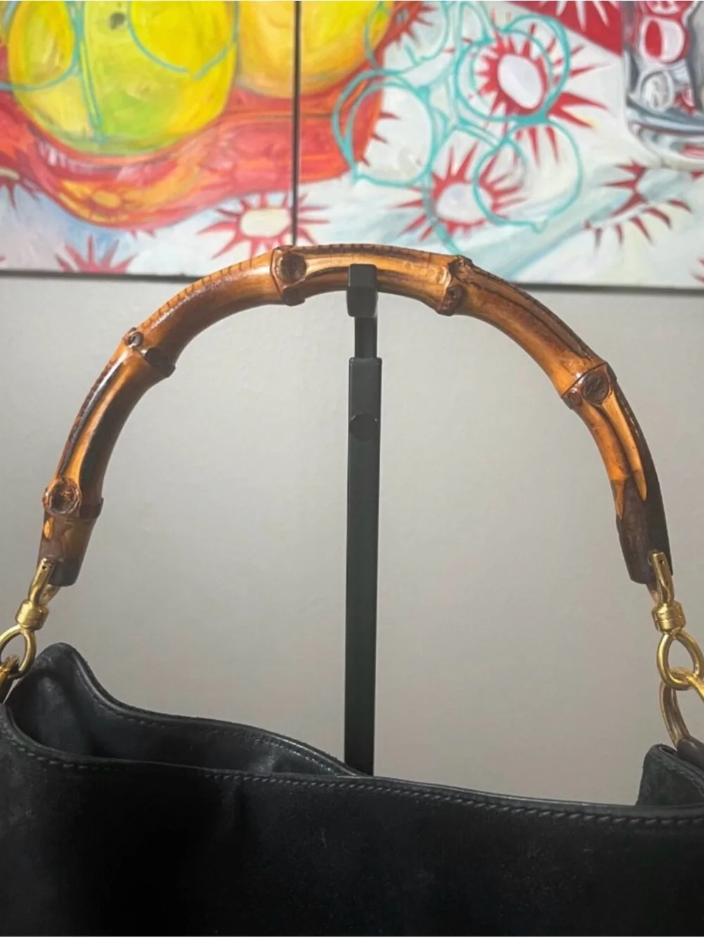 GUCCI 90s Tom Ford Suede Bohemian Natural Bamboo Wood Handle Hobo Bag Vintage
